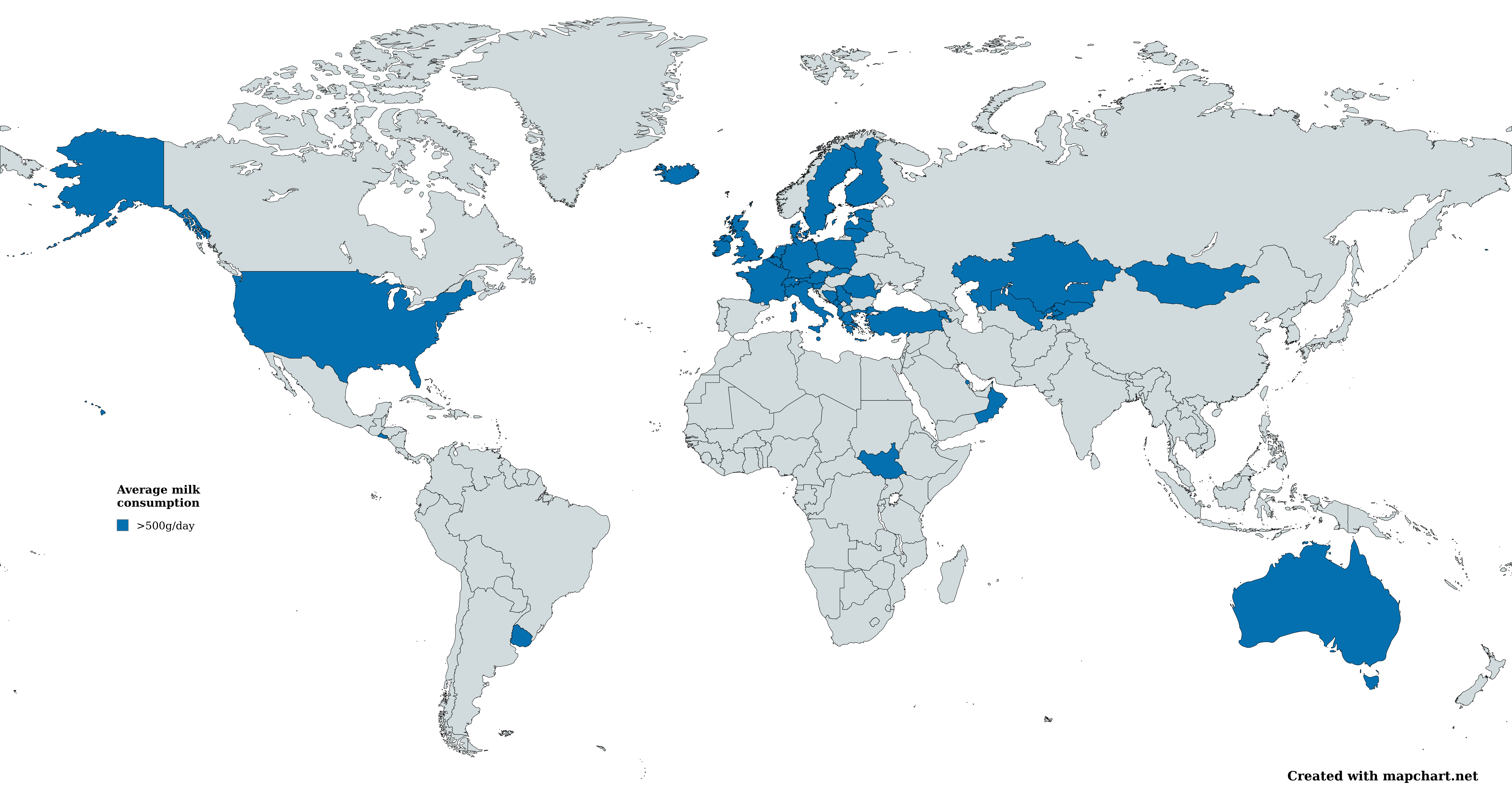 Countries where average milk supply per capita exceeds 500 g/day.